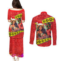 Personalised Hawaii Christmas Couples Matching Puletasi Dress and Long Sleeve Button Shirt Hula Girl Hibiscus With Hawaiian Style Tribal Fabric Patchwork LT03 - Polynesian Pride