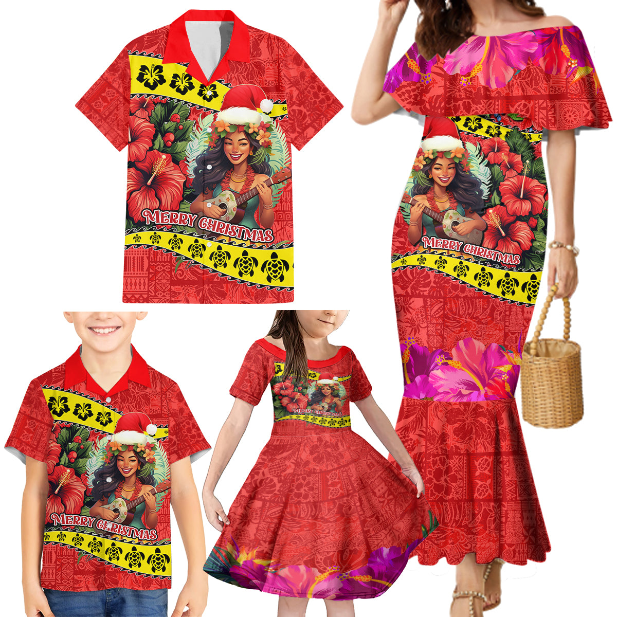 Personalised Hawaii Christmas Family Matching Mermaid Dress and Hawaiian Shirt Hula Girl Hibiscus With Hawaiian Style Tribal Fabric Patchwork LT03 - Polynesian Pride