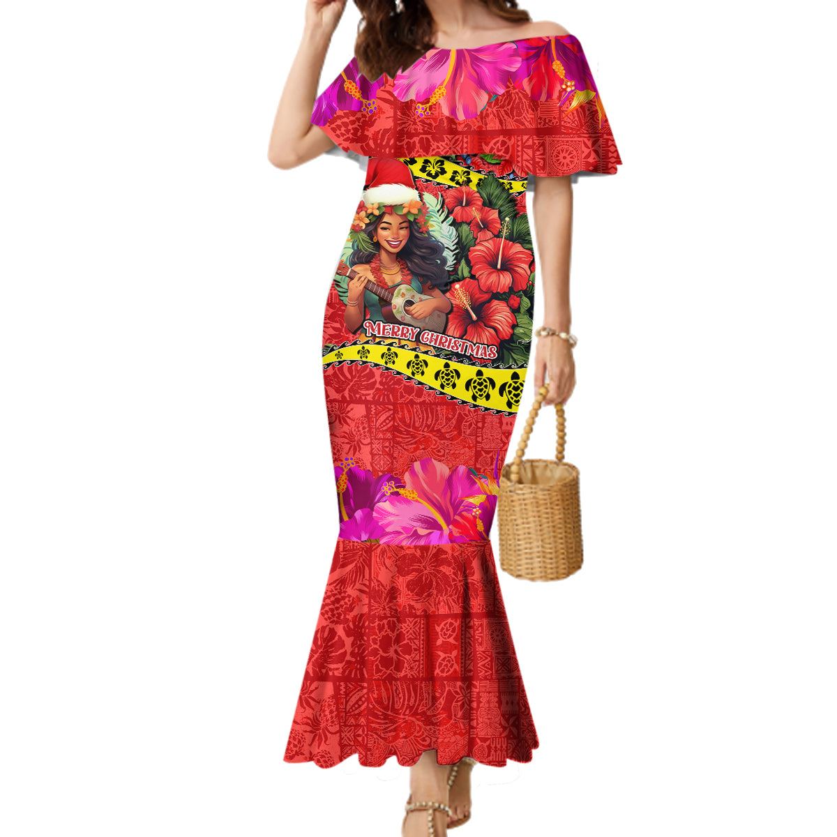 Personalised Hawaii Christmas Family Matching Mermaid Dress and Hawaiian Shirt Hula Girl Hibiscus With Hawaiian Style Tribal Fabric Patchwork LT03 Mom's Dress Red - Polynesian Pride