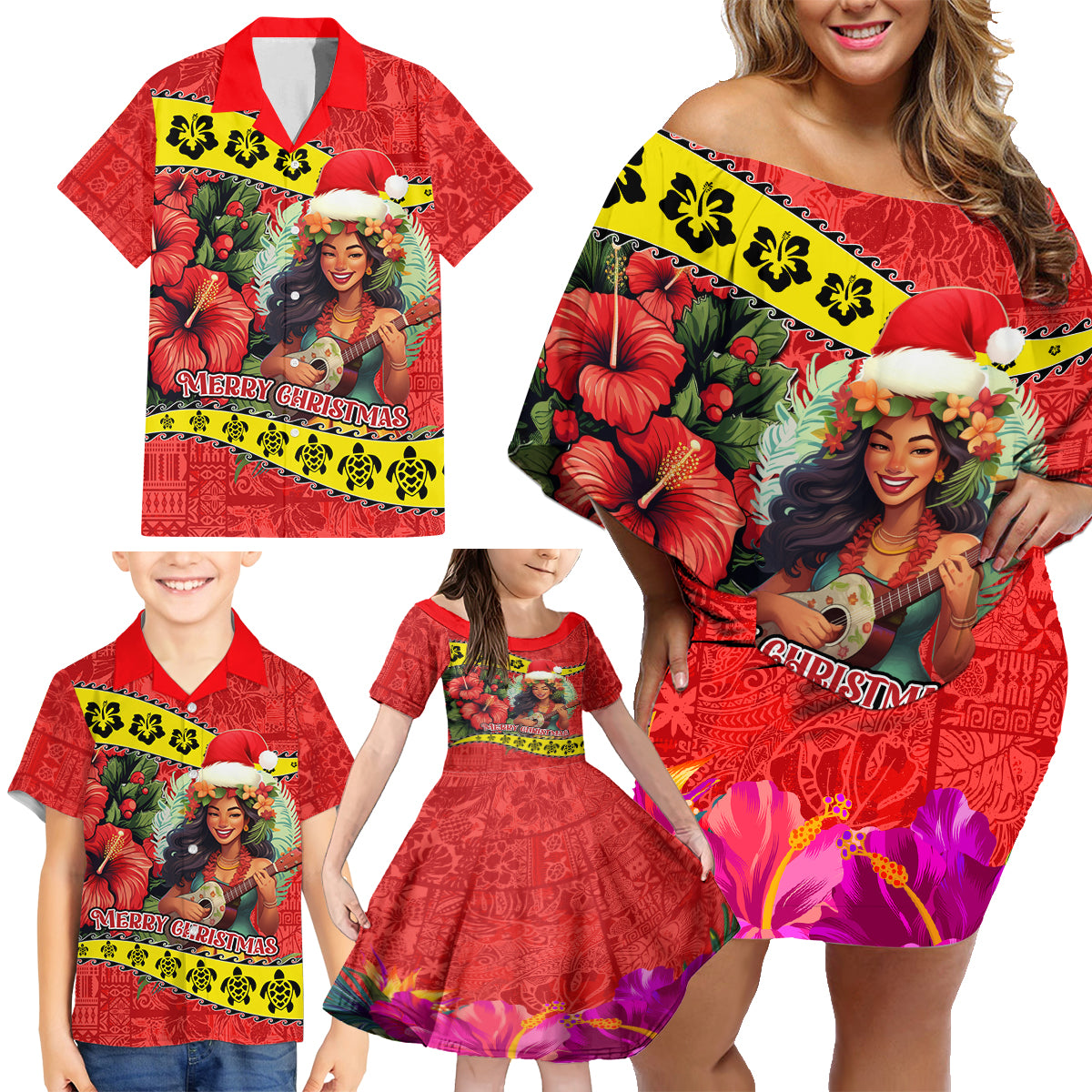 Personalised Hawaii Christmas Family Matching Off Shoulder Short Dress and Hawaiian Shirt Hula Girl Hibiscus With Hawaiian Style Tribal Fabric Patchwork LT03 - Polynesian Pride