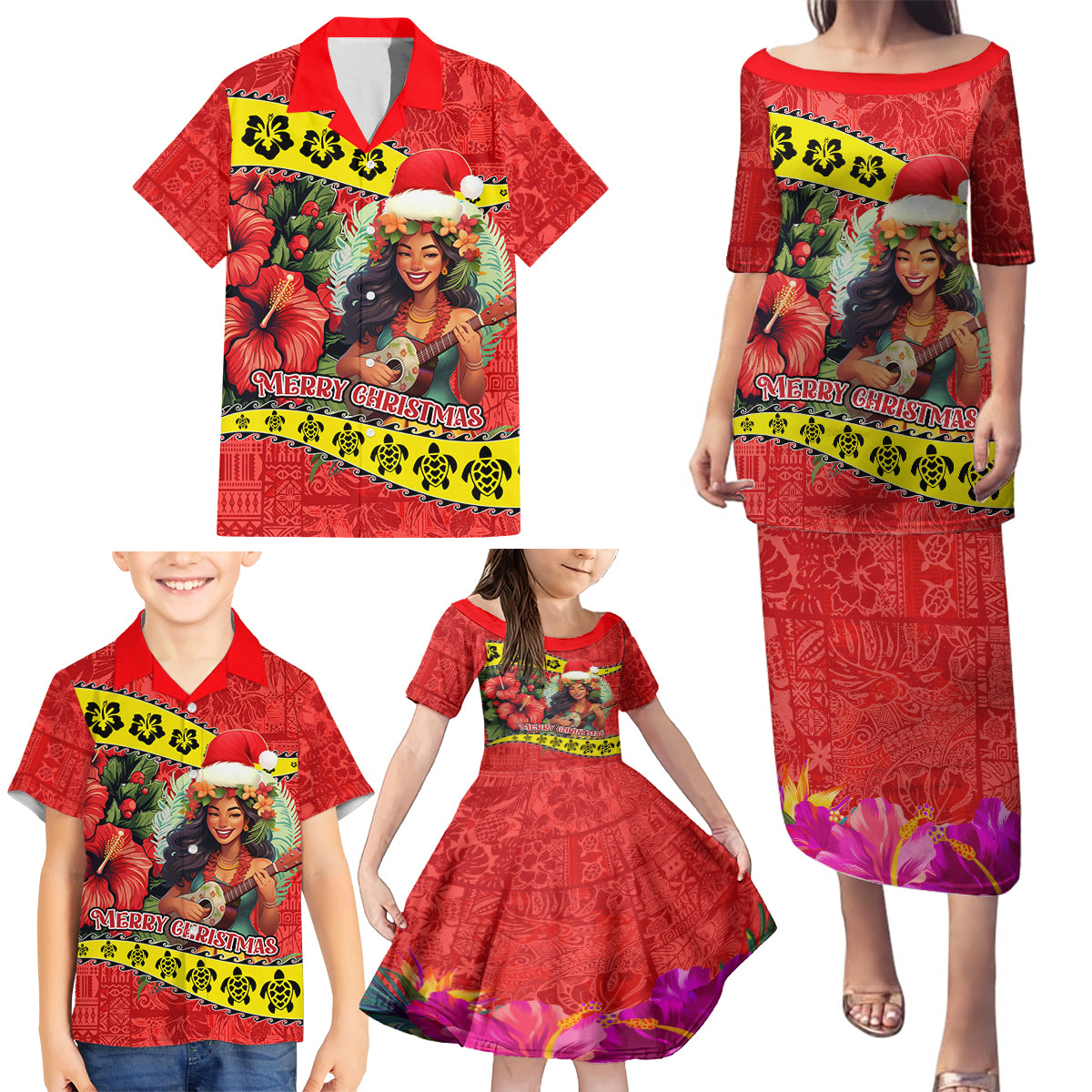 Personalised Hawaii Christmas Family Matching Puletasi Dress and Hawaiian Shirt Hula Girl Hibiscus With Hawaiian Style Tribal Fabric Patchwork LT03 - Polynesian Pride