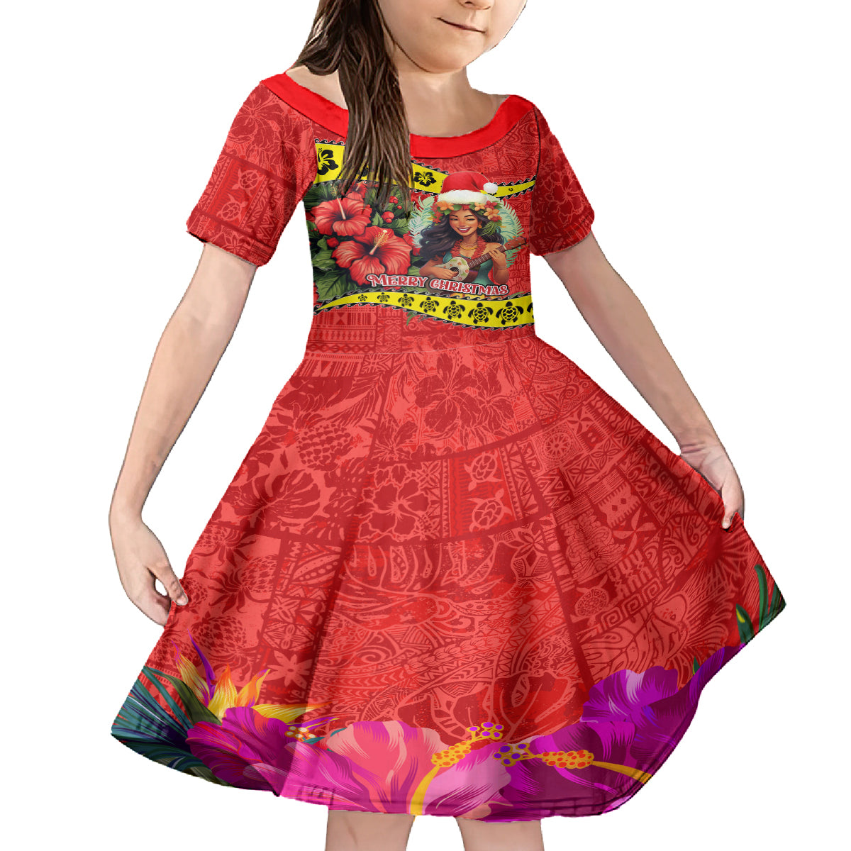 Personalised Hawaii Christmas Family Matching Summer Maxi Dress and Hawaiian Shirt Hula Girl Hibiscus With Hawaiian Style Tribal Fabric Patchwork LT03 Daughter's Dress Red - Polynesian Pride