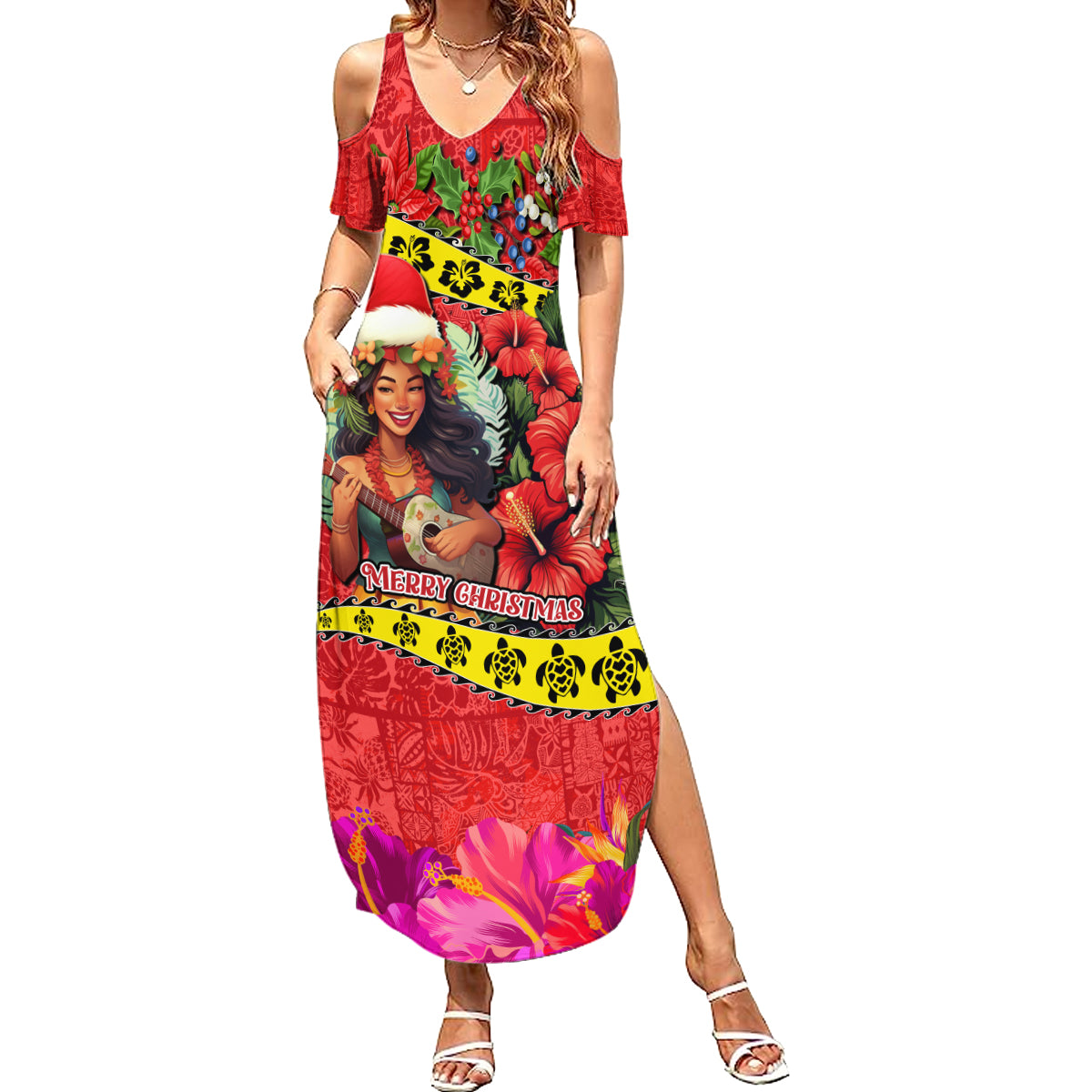 Personalised Hawaii Christmas Family Matching Summer Maxi Dress and Hawaiian Shirt Hula Girl Hibiscus With Hawaiian Style Tribal Fabric Patchwork LT03 Mom's Dress Red - Polynesian Pride