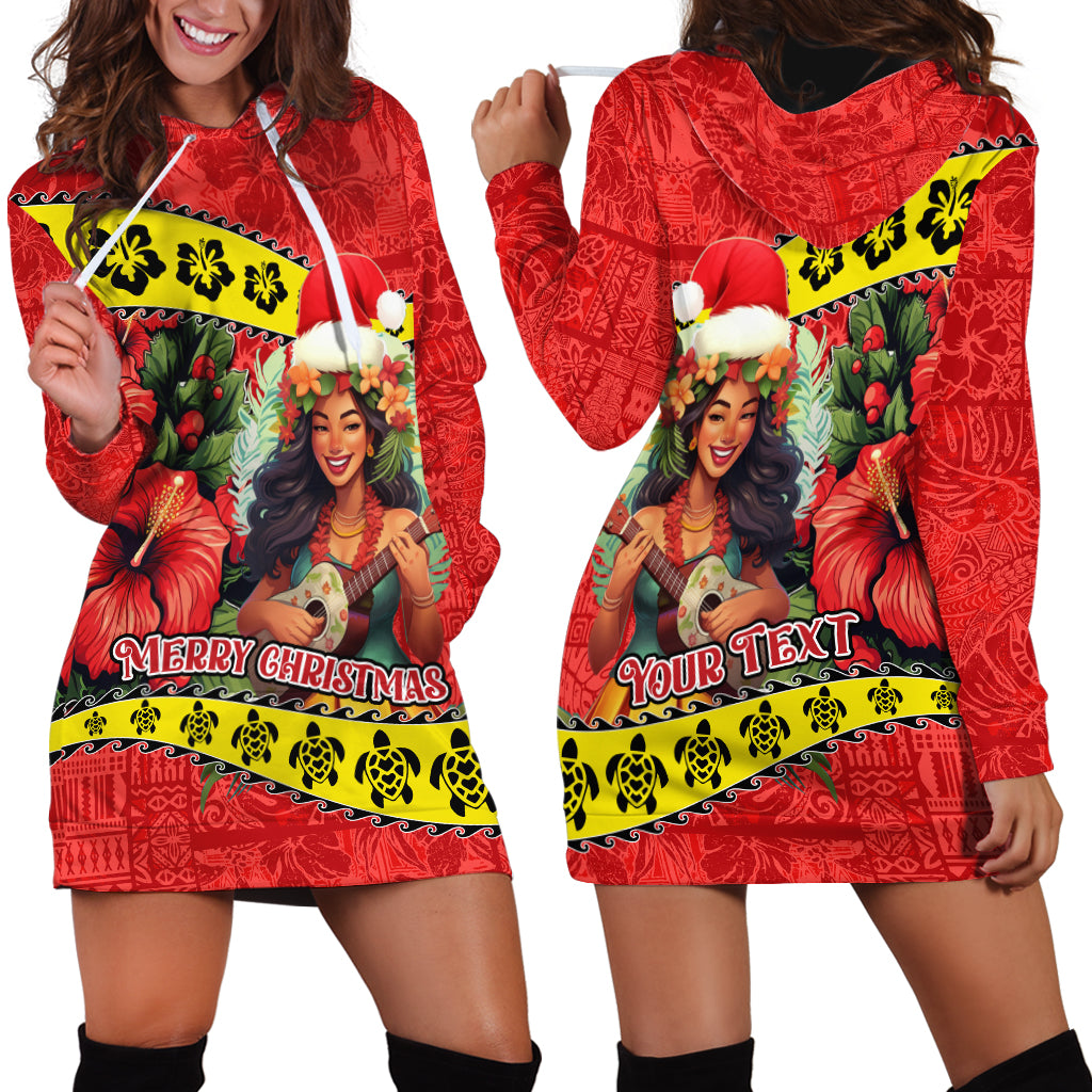 Personalised Hawaii Christmas Hoodie Dress Hula Girl Hibiscus With Hawaiian Style Tribal Fabric Patchwork LT03 - Polynesian Pride