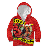 Personalised Hawaii Christmas Kid Hoodie Hula Girl Hibiscus With Hawaiian Style Tribal Fabric Patchwork LT03 Zip Hoodie Red - Polynesian Pride