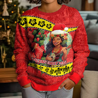 Personalised Hawaii Christmas Kid Ugly Christmas Sweater Hula Girl Hibiscus With Hawaiian Style Tribal Fabric Patchwork LT03 - Polynesian Pride