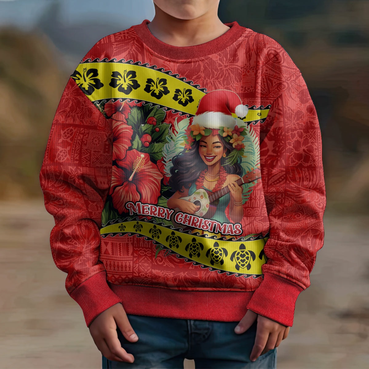 Personalised Hawaii Christmas Kid Ugly Christmas Sweater Hula Girl Hibiscus With Hawaiian Style Tribal Fabric Patchwork LT03 - Polynesian Pride