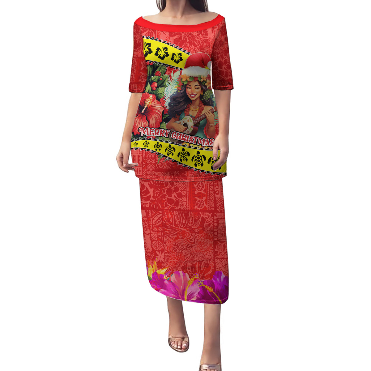 Personalised Hawaii Christmas Puletasi Hula Girl Hibiscus With Hawaiian Style Tribal Fabric Patchwork LT03 Long Dress Red - Polynesian Pride