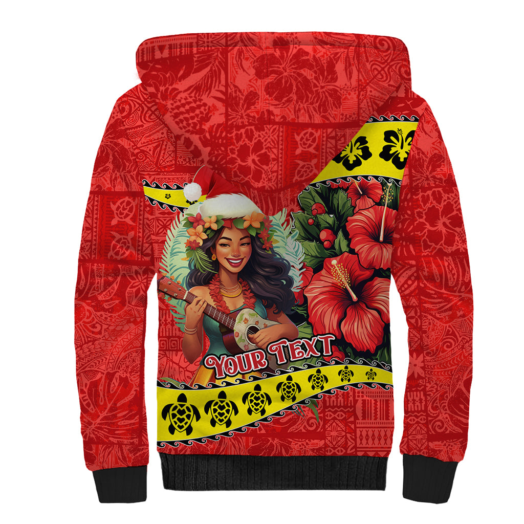 Personalised Hawaii Christmas Sherpa Hoodie Hula Girl Hibiscus With Hawaiian Style Tribal Fabric Patchwork LT03 - Polynesian Pride
