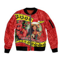 Personalised Hawaii Christmas Sleeve Zip Bomber Jacket Hula Girl Hibiscus With Hawaiian Style Tribal Fabric Patchwork LT03 Unisex Red - Polynesian Pride