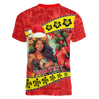 Personalised Hawaii Christmas Women V Neck T Shirt Hula Girl Hibiscus With Hawaiian Style Tribal Fabric Patchwork LT03 - Polynesian Pride