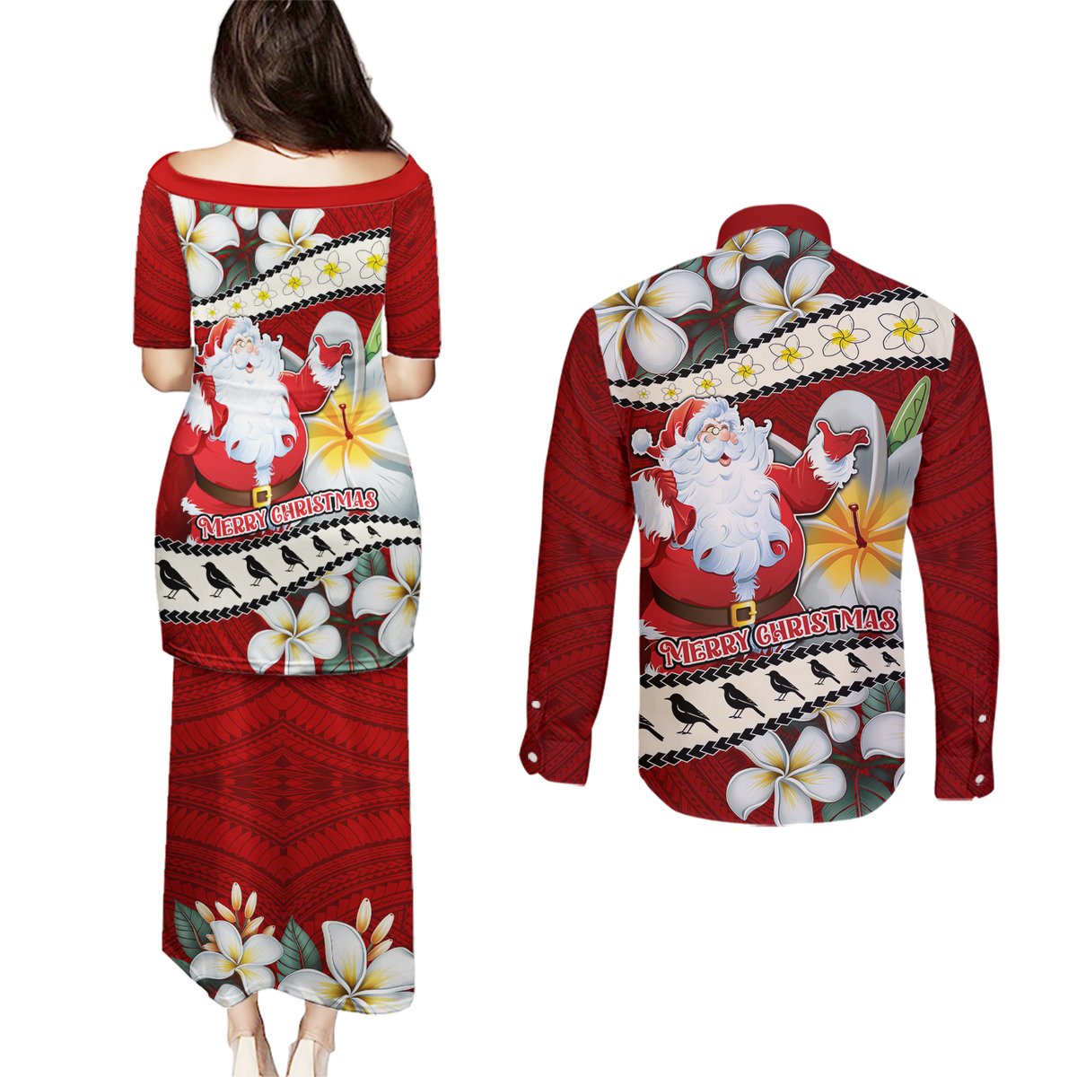 Tahiti Christmas Couples Matching Puletasi Dress and Long Sleeve Button Shirt Tiare Flowers and Pomarea Nigra with Polynesian Pattern LT03 - Polynesian Pride