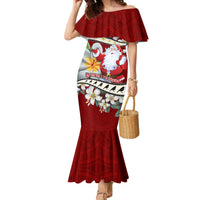 Tahiti Christmas Family Matching Mermaid Dress and Hawaiian Shirt Tiare Flowers and Pomarea Nigra with Polynesian Pattern LT03 Mom's Dress Red - Polynesian Pride