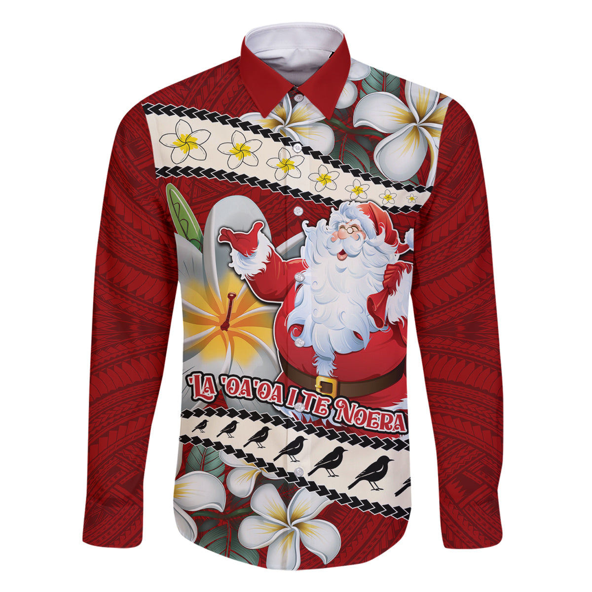 Tahiti Christmas Family Matching Off Shoulder Maxi Dress and Hawaiian Shirt Tiare Flowers and Pomarea Nigra with Polynesian Pattern LT03 Dad's Shirt - Long Sleeve Red - Polynesian Pride