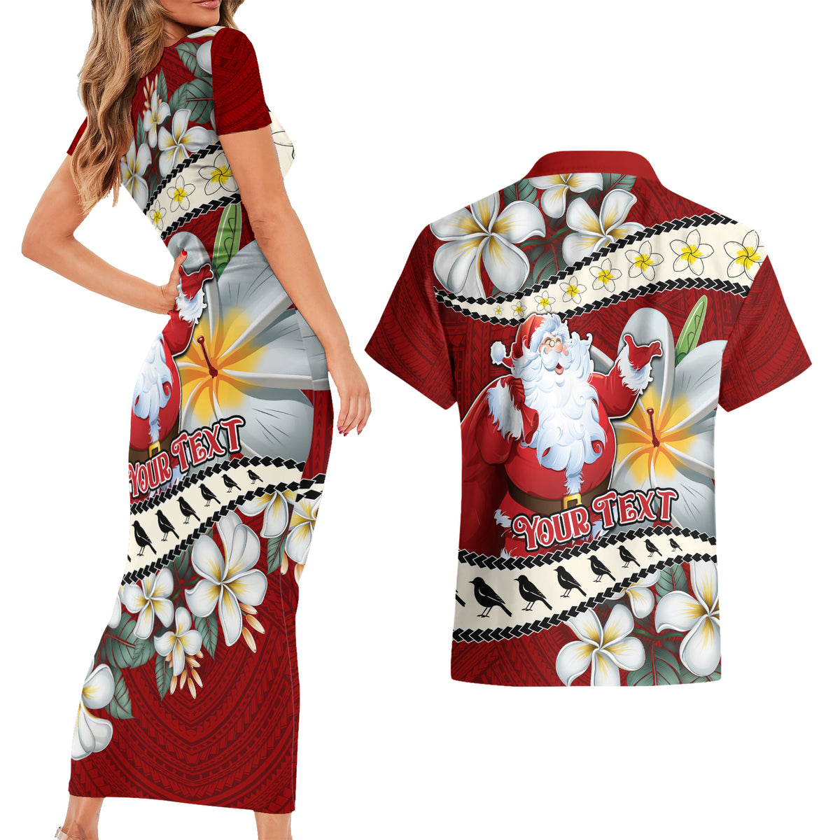 Personalised Tahiti Christmas Couples Matching Short Sleeve Bodycon Dress and Hawaiian Shirt Tiare Flowers and Pomarea Nigra with Polynesian Pattern LT03 - Polynesian Pride