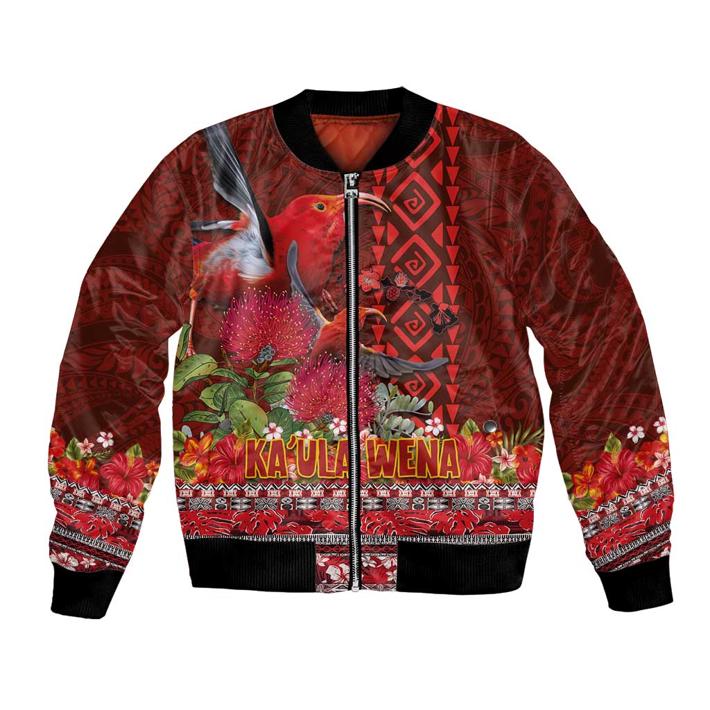 Hawaii KaʻUla Wena ʻIʻiwi Bomber Jacket With Tropical Plants and 'Ohi'a lehua Kakau Art Tattoo