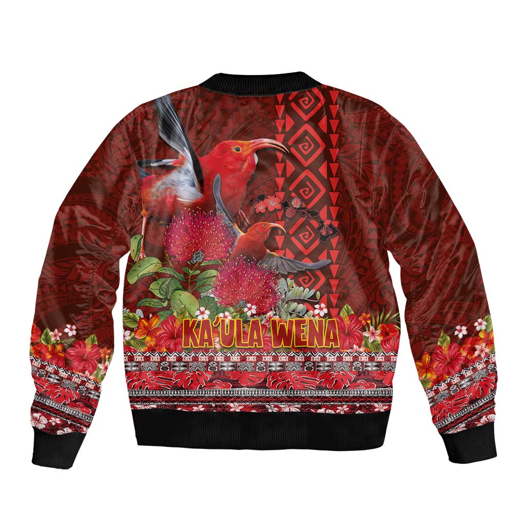 Hawaii KaʻUla Wena ʻIʻiwi Bomber Jacket With Tropical Plants and 'Ohi'a lehua Kakau Art Tattoo