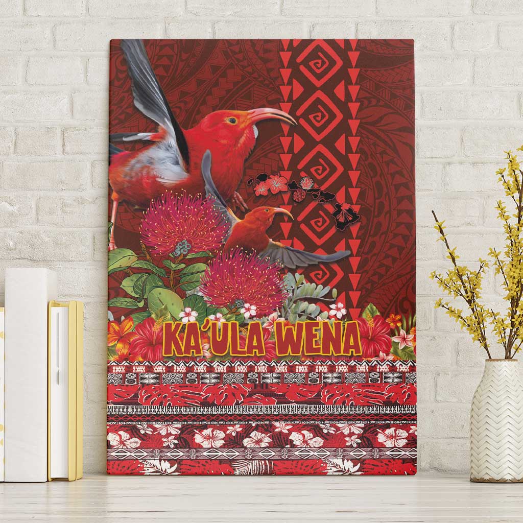 Hawaii KaʻUla Wena ʻIʻiwi Canvas Wall Art With Tropical Plants and 'Ohi'a lehua Kakau Art Tattoo