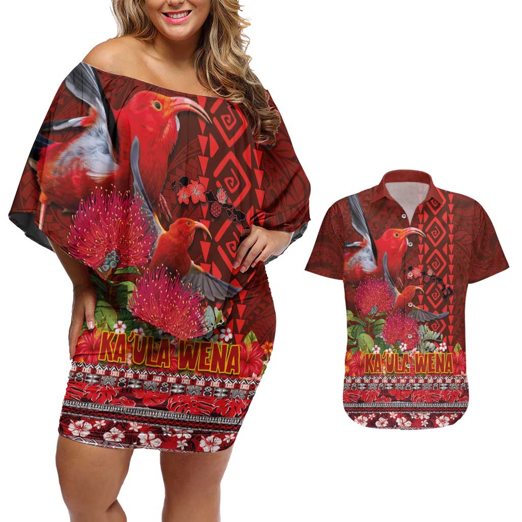 Hawaii KaʻUla Wena ʻIʻiwi Couples Matching Off Shoulder Short Dress and Hawaiian Shirt With Tropical Plants and 'Ohi'a lehua Kakau Art Tattoo