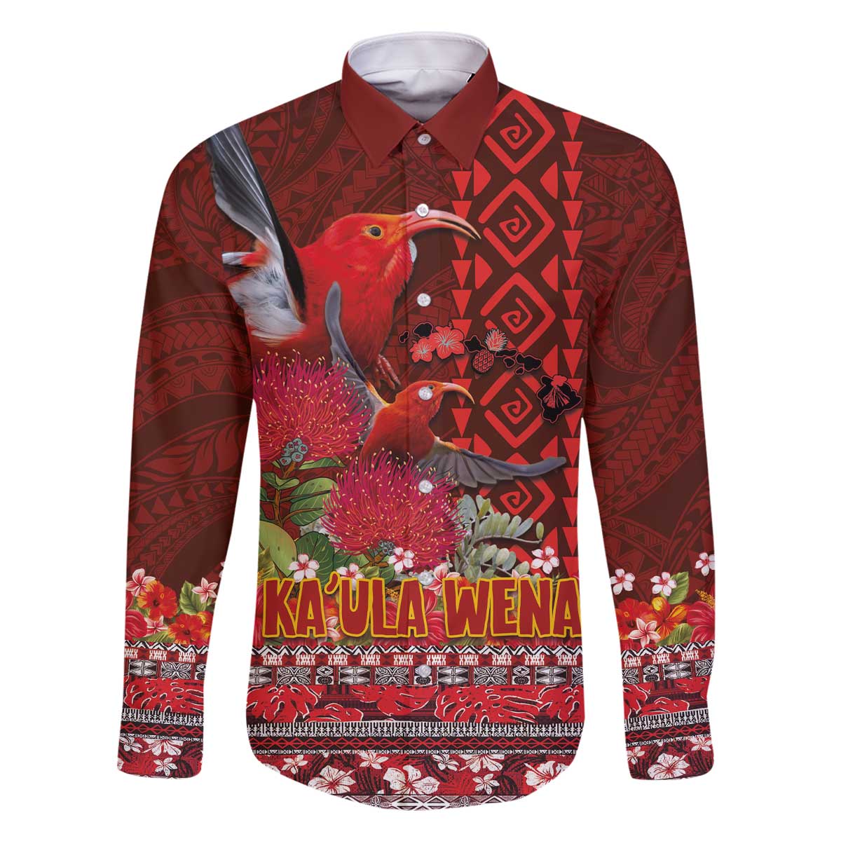 Hawaii KaʻUla Wena ʻIʻiwi Family Matching Off The Shoulder Long Sleeve Dress and Hawaiian Shirt With Tropical Plants and 'Ohi'a lehua Kakau Art Tattoo