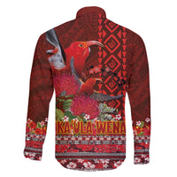 Hawaii KaʻUla Wena ʻIʻiwi Family Matching Off The Shoulder Long Sleeve Dress and Hawaiian Shirt With Tropical Plants and 'Ohi'a lehua Kakau Art Tattoo