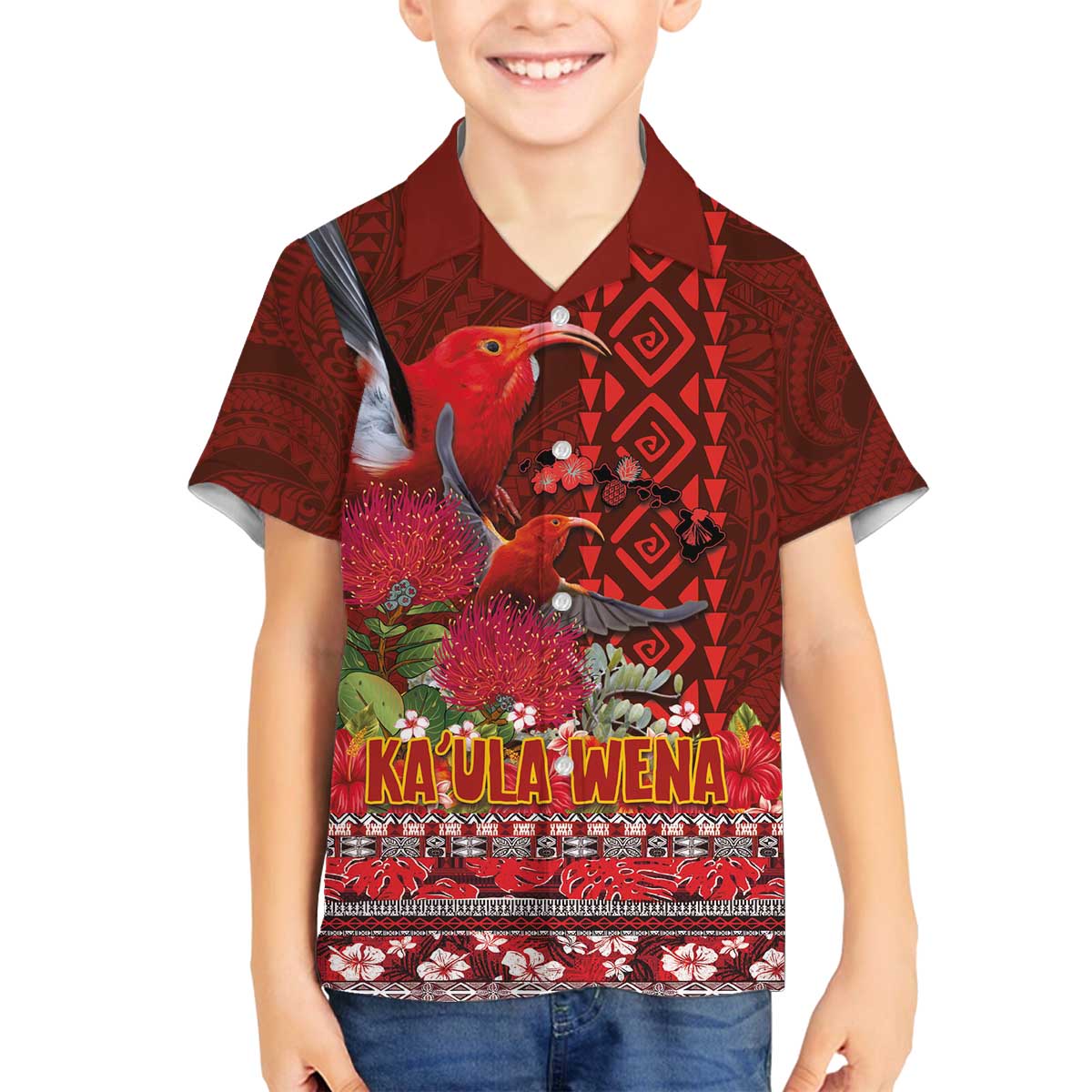 Hawaii KaʻUla Wena ʻIʻiwi Family Matching Off The Shoulder Long Sleeve Dress and Hawaiian Shirt With Tropical Plants and 'Ohi'a lehua Kakau Art Tattoo