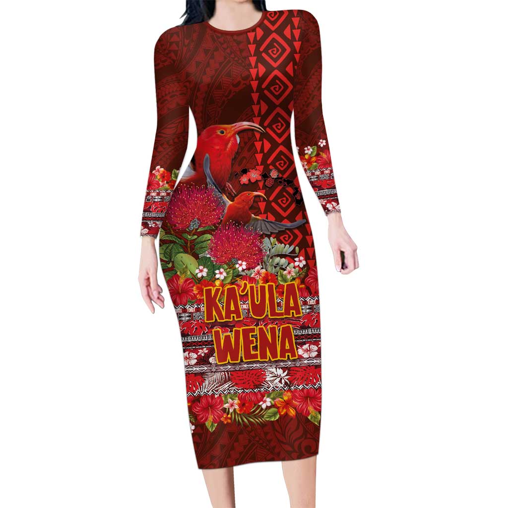 Hawaii KaʻUla Wena ʻIʻiwi Long Sleeve Bodycon Dress With Tropical Plants and 'Ohi'a lehua Kakau Art Tattoo