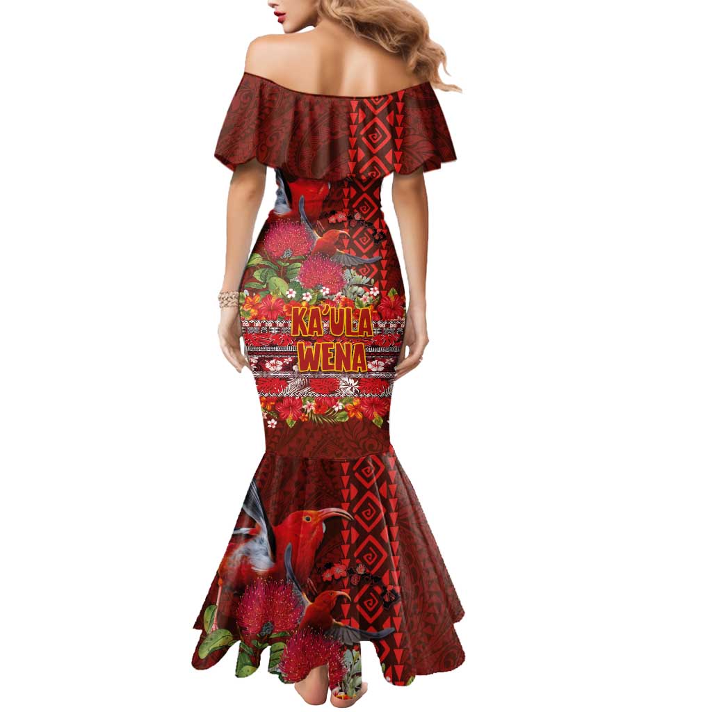 Hawaii KaʻUla Wena ʻIʻiwi Mermaid Dress With Tropical Plants and 'Ohi'a lehua Kakau Art Tattoo