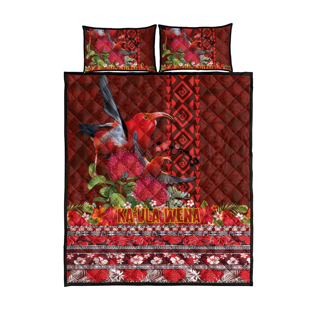 Hawaii KaʻUla Wena ʻIʻiwi Quilt Bed Set With Tropical Plants and 'Ohi'a lehua Kakau Art Tattoo
