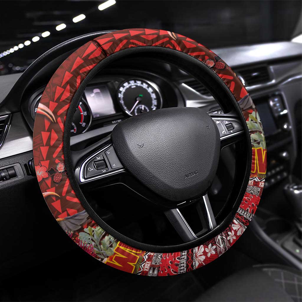 Hawaii KaʻUla Wena ʻIʻiwi Steering Wheel Cover With Tropical Plants and 'Ohi'a lehua Kakau Art Tattoo