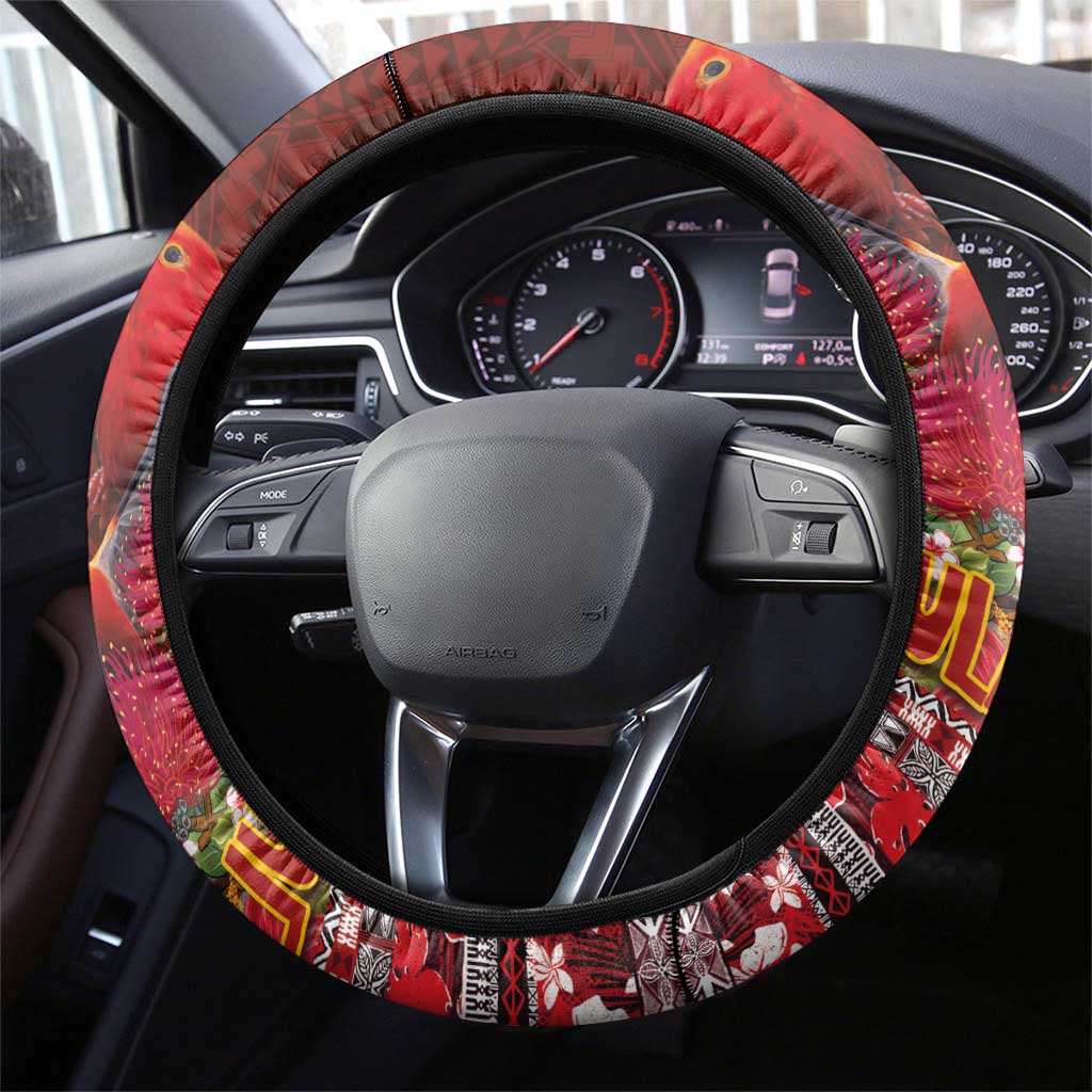 Hawaii KaʻUla Wena ʻIʻiwi Steering Wheel Cover With Tropical Plants and 'Ohi'a lehua Kakau Art Tattoo