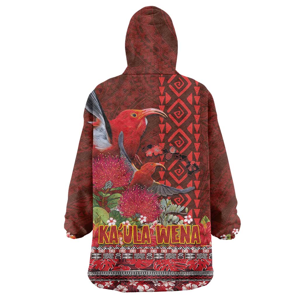 Hawaii KaʻUla Wena ʻIʻiwi Wearable Blanket Hoodie With Tropical Plants and 'Ohi'a lehua Kakau Art Tattoo