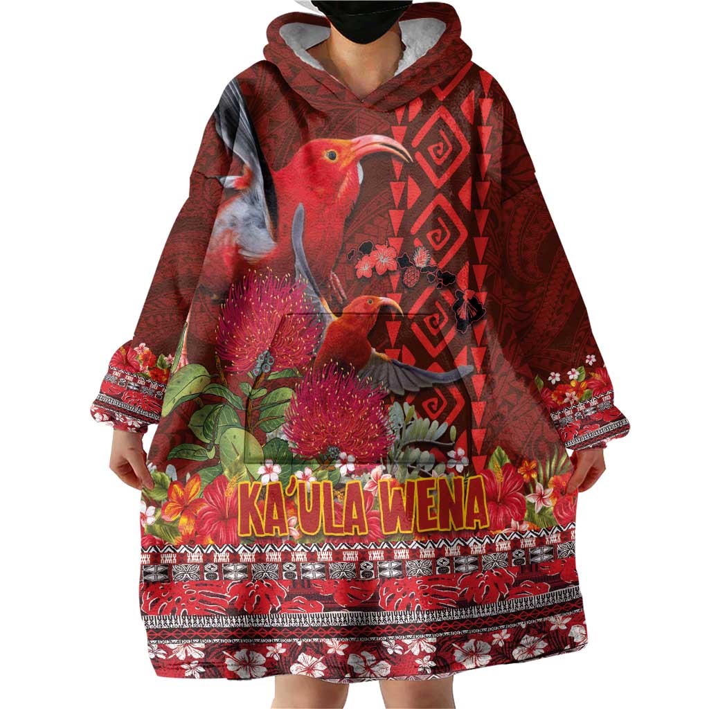 Hawaii KaʻUla Wena ʻIʻiwi Wearable Blanket Hoodie With Tropical Plants and 'Ohi'a lehua Kakau Art Tattoo
