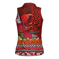 Hawaii KaʻUla Wena ʻIʻiwi Women Sleeveless Polo Shirt With Tropical Plants and 'Ohi'a lehua Kakau Art Tattoo