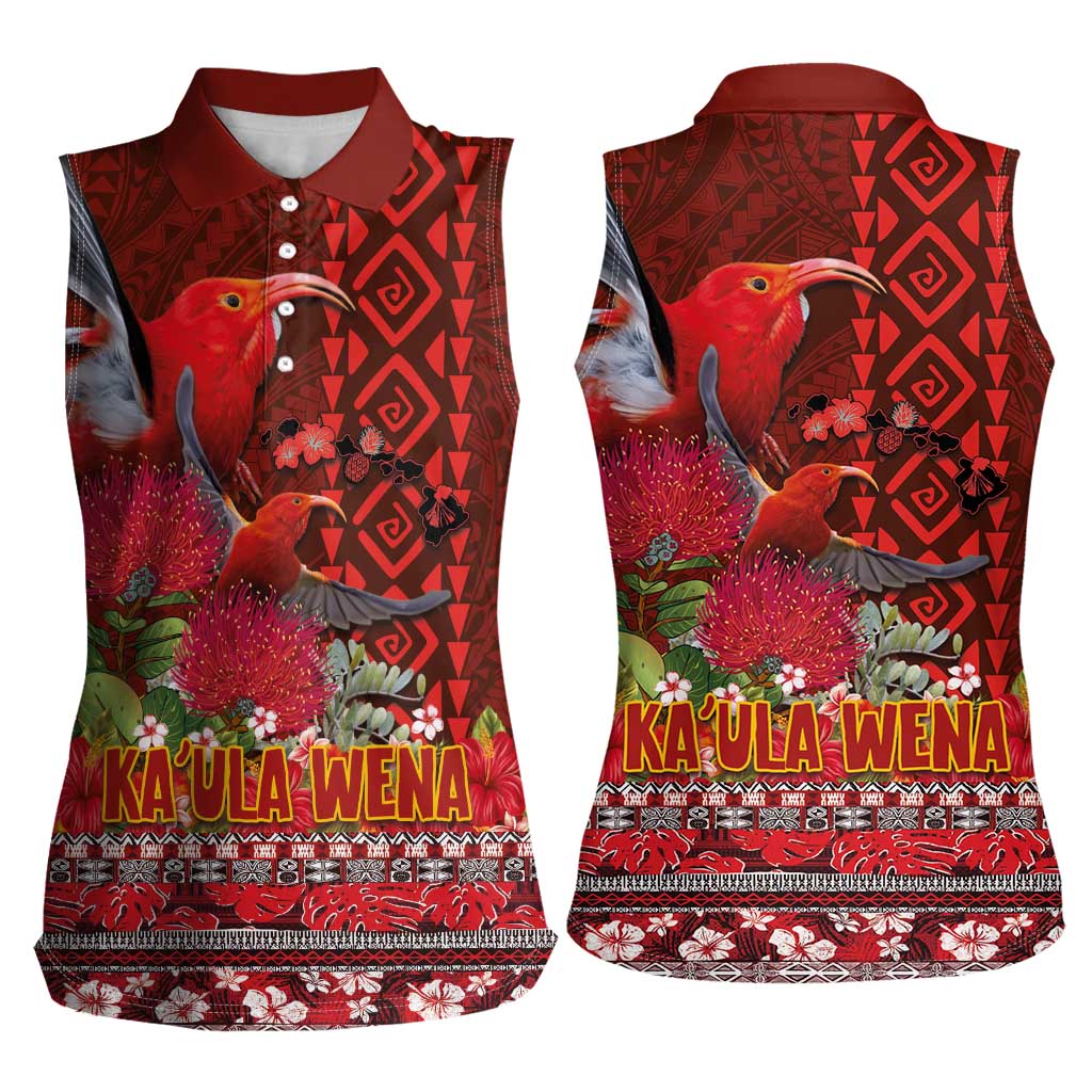 Hawaii KaʻUla Wena ʻIʻiwi Women Sleeveless Polo Shirt With Tropical Plants and 'Ohi'a lehua Kakau Art Tattoo