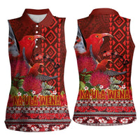 Hawaii KaʻUla Wena ʻIʻiwi Women Sleeveless Polo Shirt With Tropical Plants and 'Ohi'a lehua Kakau Art Tattoo