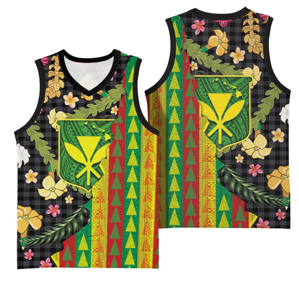 Hawaiian Tropical Plants Lei Basketball Jersey Kanaka Maoli Tribal with Palaka Motifs - Polynesian Pride