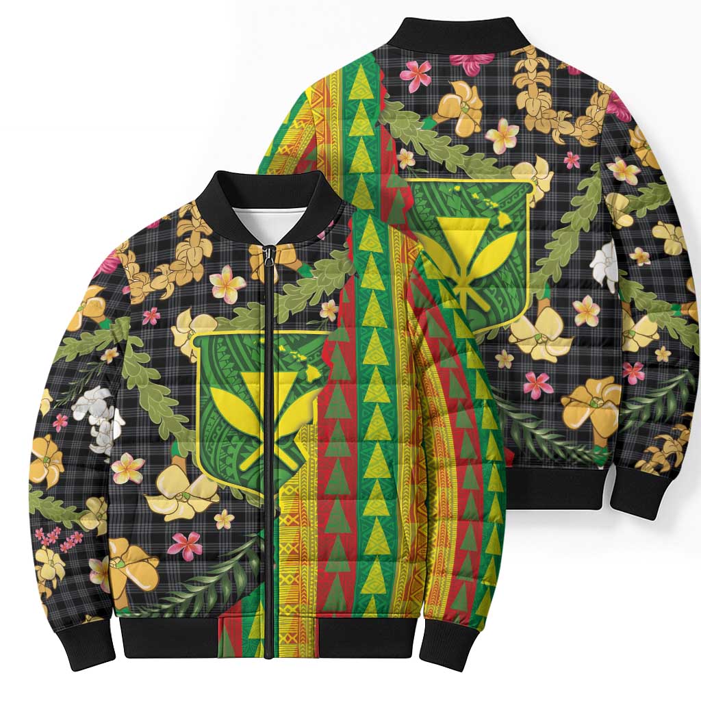 Hawaiian Tropical Plants Lei Bomber Puffer Jacket Kanaka Maoli Tribal with Palaka Motifs - Polynesian Pride