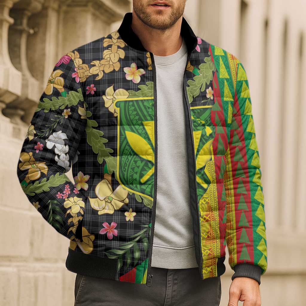 Hawaiian Tropical Plants Lei Bomber Puffer Jacket Kanaka Maoli Tribal with Palaka Motifs - Polynesian Pride