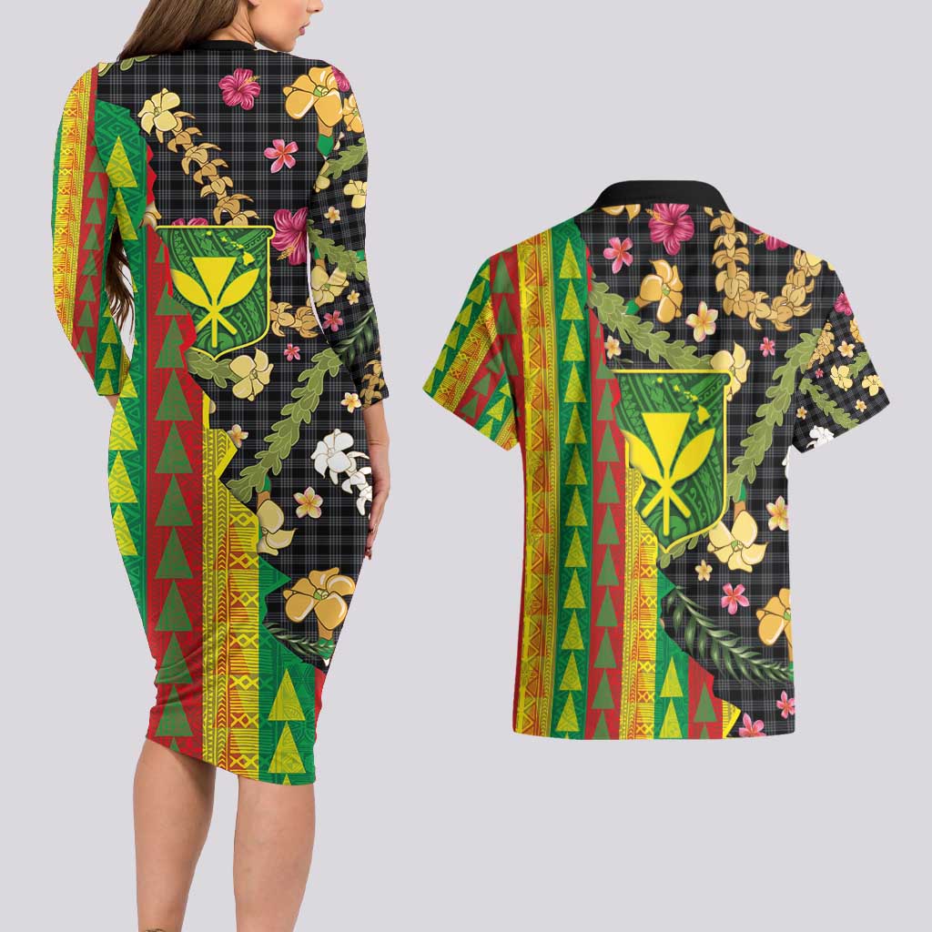 Hawaiian Tropical Plants Lei Couples Matching Long Sleeve Bodycon Dress and Hawaiian Shirt Kanaka Maoli Tribal with Palaka Motifs - Polynesian Pride