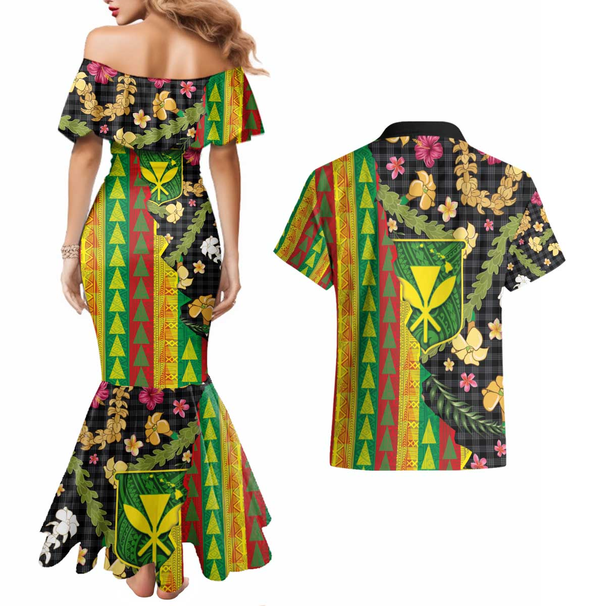 Hawaiian Tropical Plants Lei Couples Matching Mermaid Dress and Hawaiian Shirt Kanaka Maoli Tribal with Palaka Motifs - Polynesian Pride