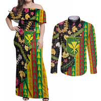 Hawaiian Tropical Plants Lei Couples Matching Off Shoulder Maxi Dress and Long Sleeve Button Shirt Kanaka Maoli Tribal with Palaka Motifs - Polynesian Pride