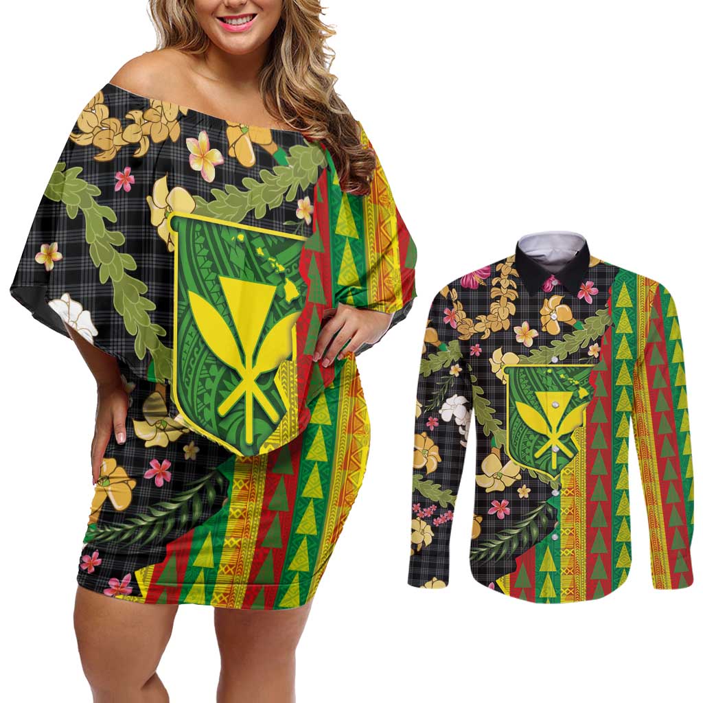 Hawaiian Tropical Plants Lei Couples Matching Off Shoulder Short Dress and Long Sleeve Button Shirt Kanaka Maoli Tribal with Palaka Motifs - Polynesian Pride