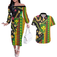 Hawaiian Tropical Plants Lei Couples Matching Off The Shoulder Long Sleeve Dress and Hawaiian Shirt Kanaka Maoli Tribal with Palaka Motifs - Polynesian Pride