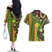 Hawaiian Tropical Plants Lei Couples Matching Off The Shoulder Long Sleeve Dress and Hawaiian Shirt Kanaka Maoli Tribal with Palaka Motifs - Polynesian Pride