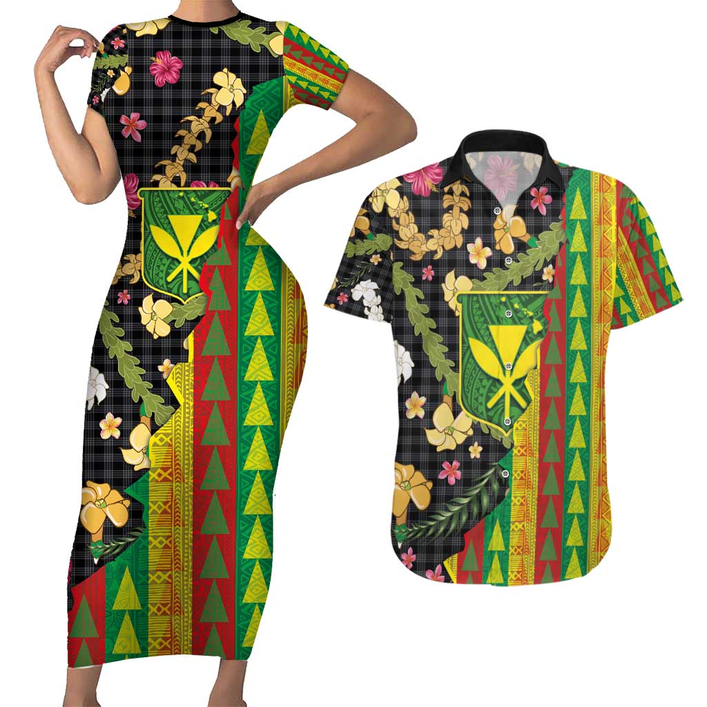 Hawaiian Tropical Plants Lei Couples Matching Short Sleeve Bodycon Dress and Hawaiian Shirt Kanaka Maoli Tribal with Palaka Motifs - Polynesian Pride