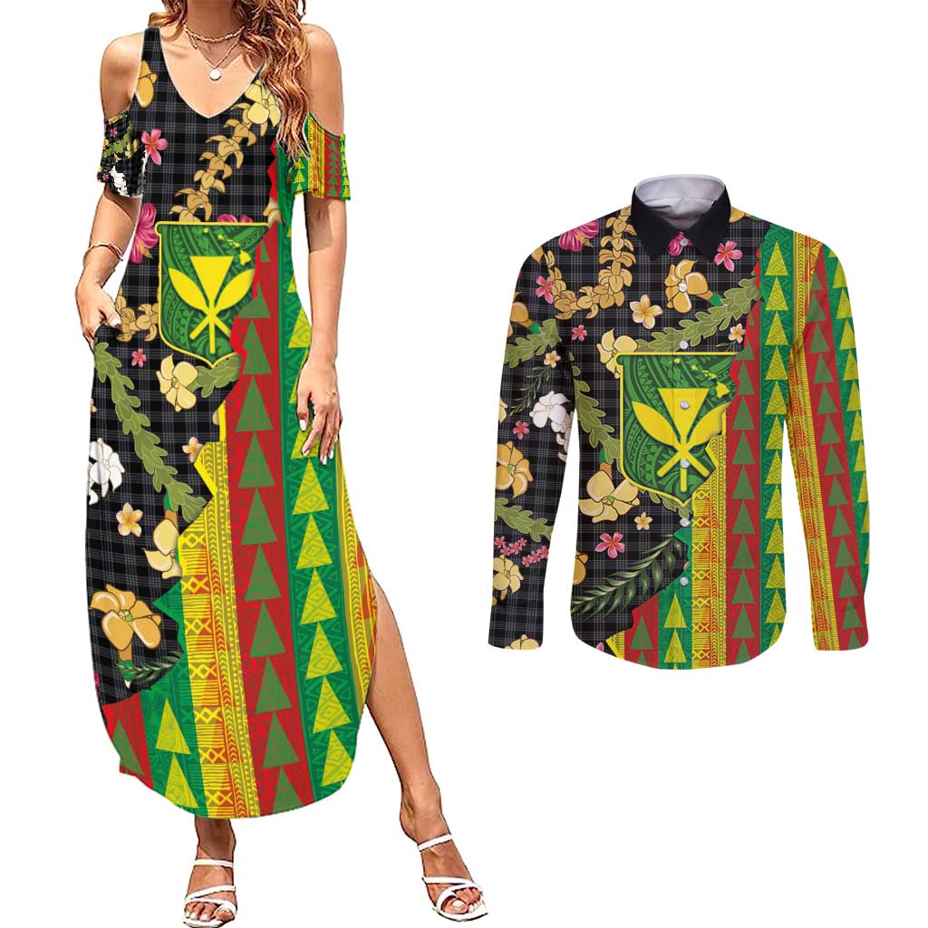 Hawaiian Tropical Plants Lei Couples Matching Summer Maxi Dress and Long Sleeve Button Shirt Kanaka Maoli Tribal with Palaka Motifs - Polynesian Pride