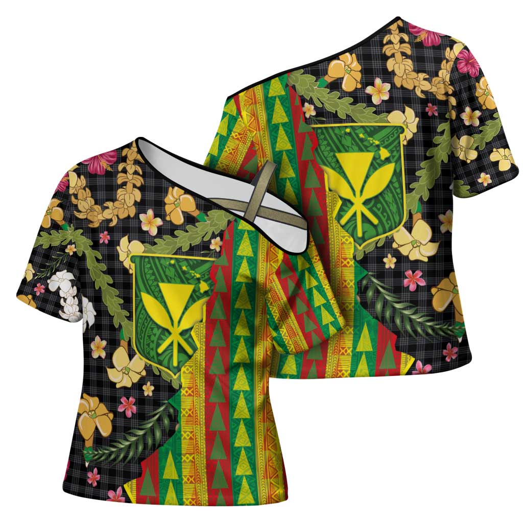 Hawaiian Tropical Plants Lei Cross Shoulder Shirt Kanaka Maoli Tribal with Palaka Motifs - Polynesian Pride