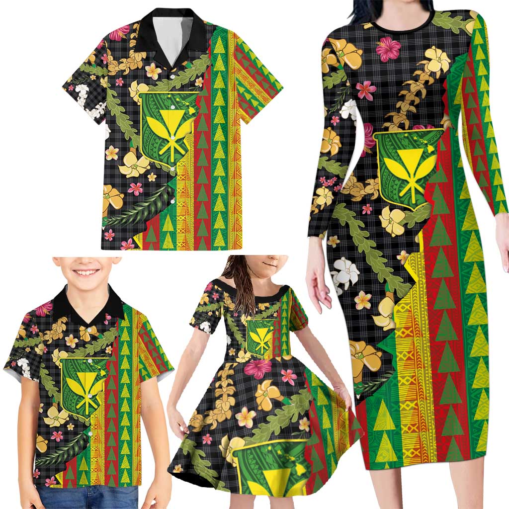 Hawaiian Tropical Plants Lei Family Matching Long Sleeve Bodycon Dress and Hawaiian Shirt Kanaka Maoli Tribal with Palaka Motifs - Polynesian Pride