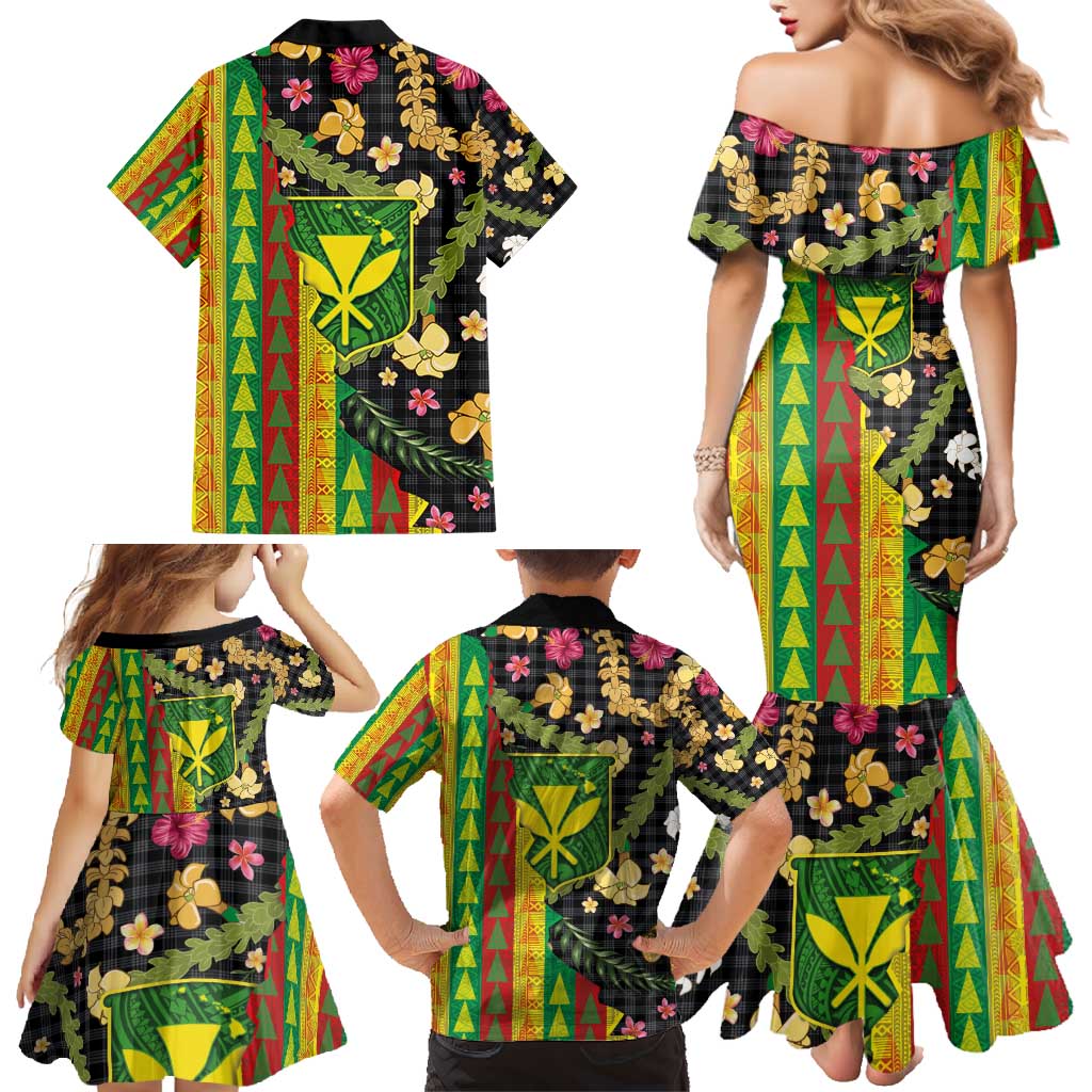 Hawaiian Tropical Plants Lei Family Matching Mermaid Dress and Hawaiian Shirt Kanaka Maoli Tribal with Palaka Motifs - Polynesian Pride